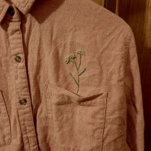 Hand-Embroidered Yarrow on Pink Universal Thread flannel - Medium, Handmade